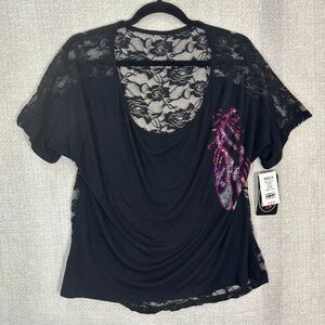 Gia-Mia Dancewear Top Womens XL Black Pink Sequin Lace Overlay Short‎ Sleeve NWT